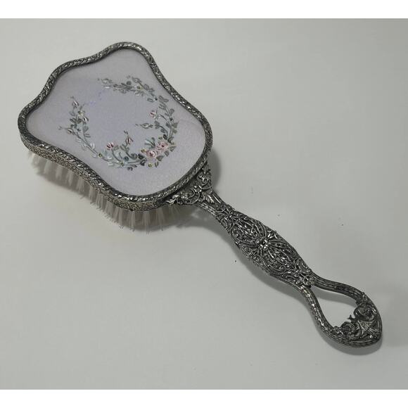 Vintage 1950s Vanity Hair Brush Filigree Floral Silver Dressing Table Handheld - Picture 1 of 4